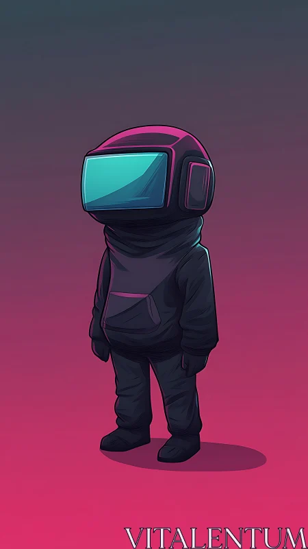 Futuristic visor figure in magenta teal gradient environment.