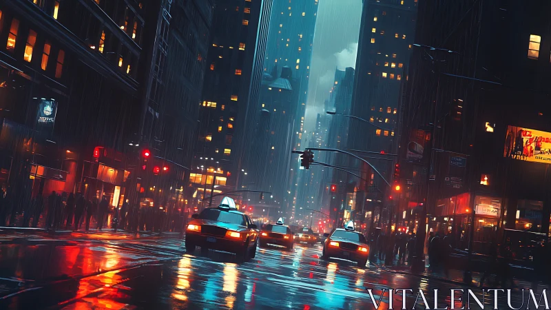 Nocturnal city taxis crossing neon reflections in rain-soaked streets.