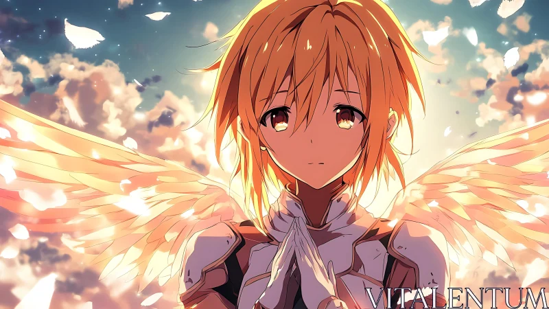 Golden haired angelic warrior under glowing cloud sky.