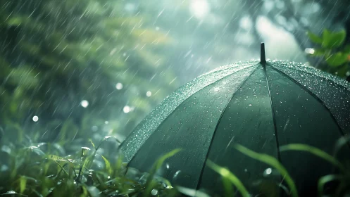 Green umbrella under steady rain in lush garden scene.