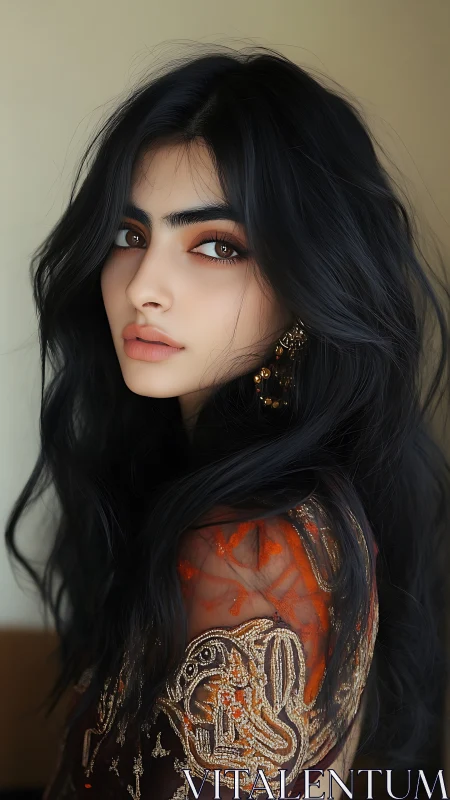 Profile view of woman in embroidered garment portrait.