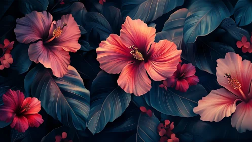 Vibrant Hibiscus Blooms Against Deep Teal Foliage