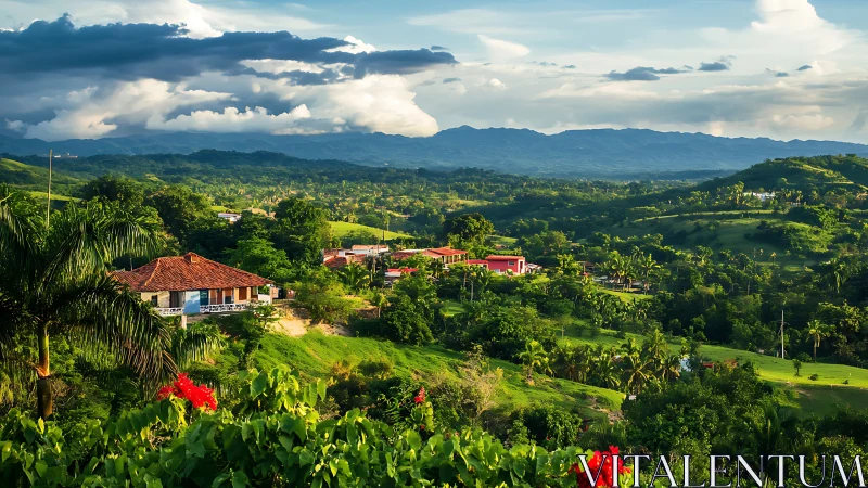 Emerald hills cradle colorful village beneath storm-kissed skies.