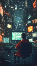 Solitary hacker at multimonitor cyberpunk workstation grid