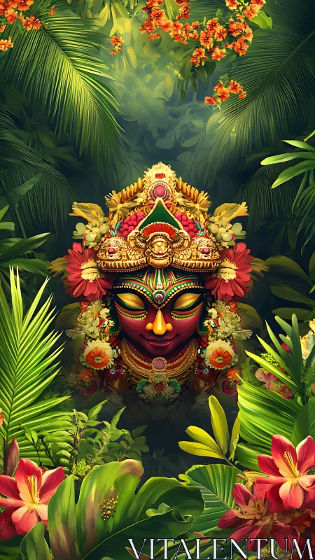 Lush jungle spirit mask glows amid vibrant tropical flowers