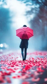 Person with red umbrella walking on wet petal covered road.