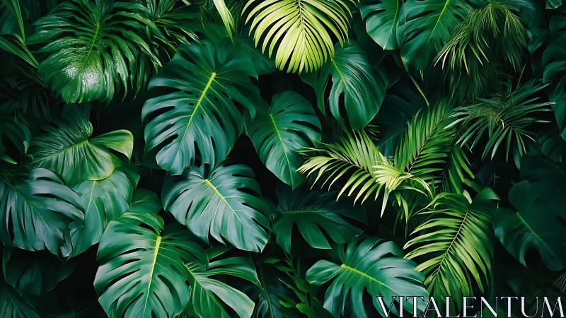 Dense tropical foliage fills frame with layered green leaves