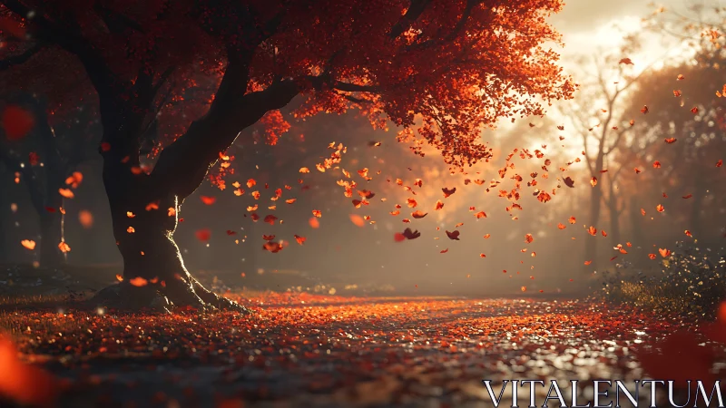 Cinematic autumn grove with drifting foliage illumination.