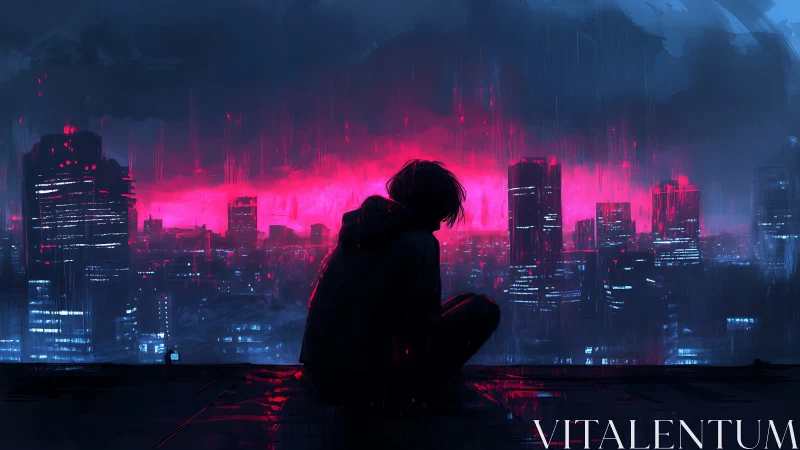 Cyberpunk rooftop silhouette against neon storm skyline.