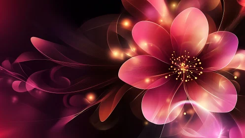 Luminescent Pink Floral Fantasy with Golden Light Particles