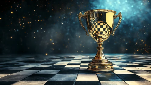 Golden chess trophy glows proudly on a sparkling board