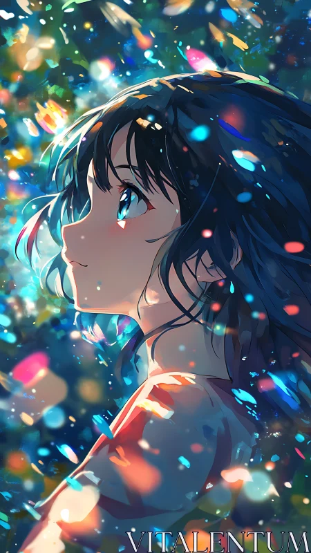 Dreamlit girl gazing into swirling evening colors.