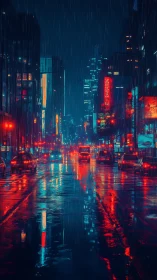 Neon rain-soaked city street glows with cyberpunk energy.