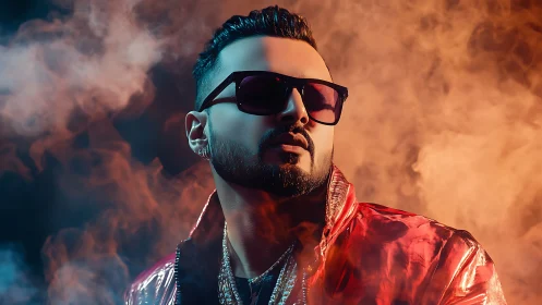 Man in reflective jacket amid colored studio smoke.