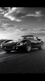 Monochrome classic sports car on open road, low-angle study.