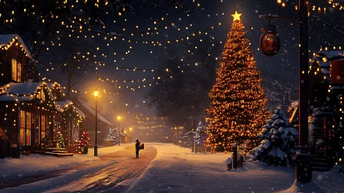 Midnight snowfall crowns the village in glowing festive hush