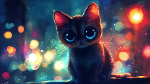 Neon-Eyed Cat in Bokeh Citylight. Digital Fantasy.