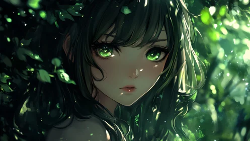 Forest-eyed girl quietly gathers light beneath green boughs