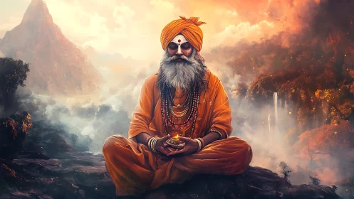 Serene mountain sage resting in glowing golden silence.