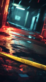 Moody alleyway glow with neon reflections and caution tape.