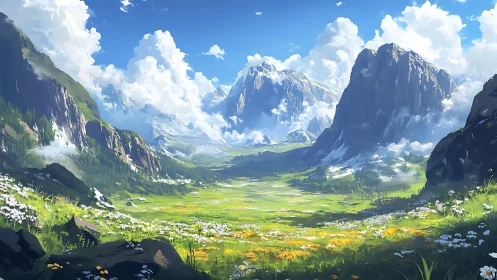 Sunlit alpine valley with painterly mountains and wildflowers.