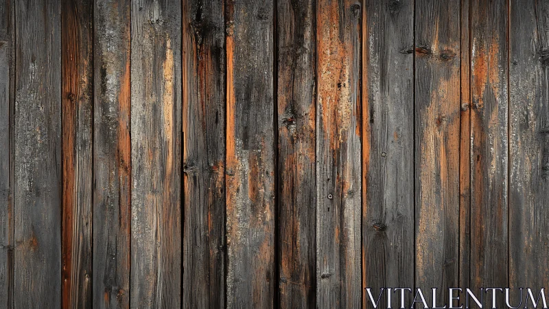 Weathered vertical wooden planks show dark charred aging