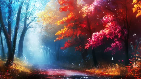 Digital painting of a luminous dual-season forest pathscape.