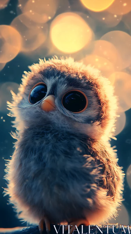 Wide eyed baby owl glows softly under dreamy night lights