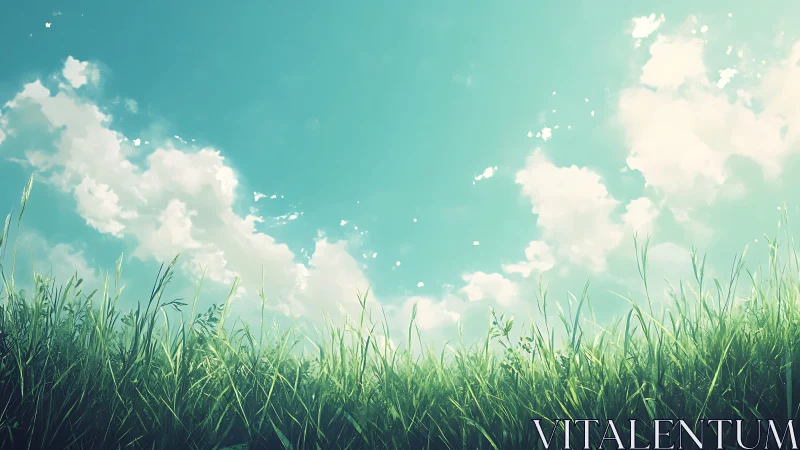 Serene grassy field under blue sky with clouds, digital art style.
