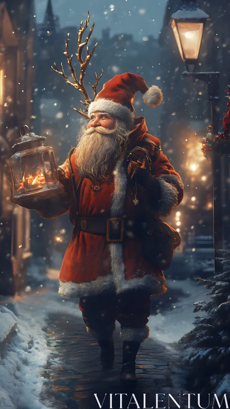 Snowlit Santa carrying lantern along festive cobblestone street.