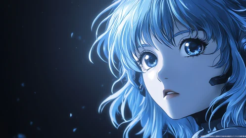Starlit cyber girl in blue tones with luminous gaze.
