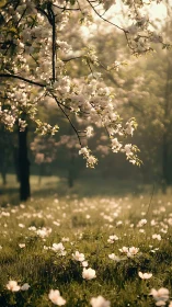 Spring Blossoms Frame Sunlit Meadow in Golden Light.