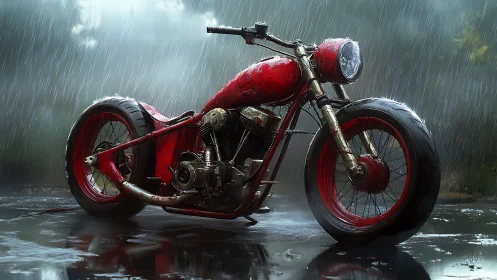 Scarlet rain-soaked chopper waits like a storm-tamed beast.