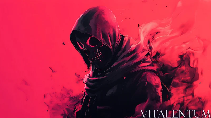 Crimson hooded skull figure emerges from swirling digital smoke