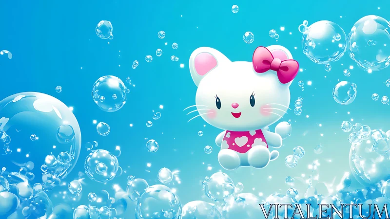 Cartoon white cat character surrounded by blue water bubbles.