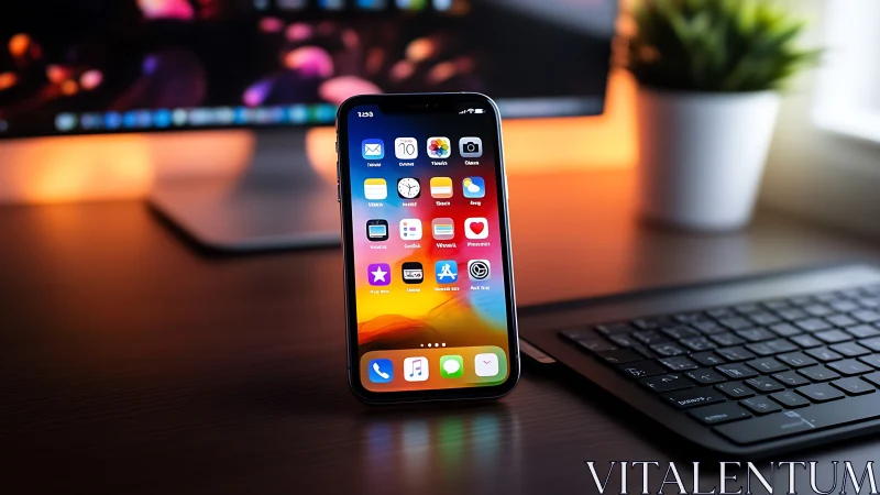 iPhone with illuminated app interface on desk workspace