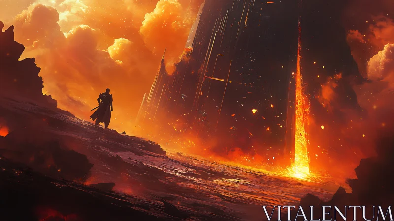 Lone cloaked figure before fiery monolithic tower.