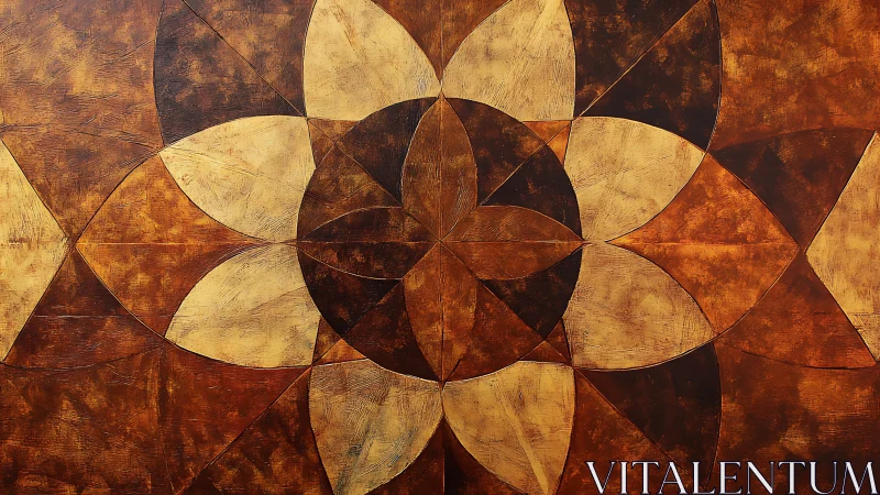 Geometric petal forms intersect within textured brown field