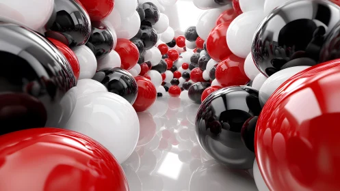 3D tunnel of glossy red, white, black reflective spheres.