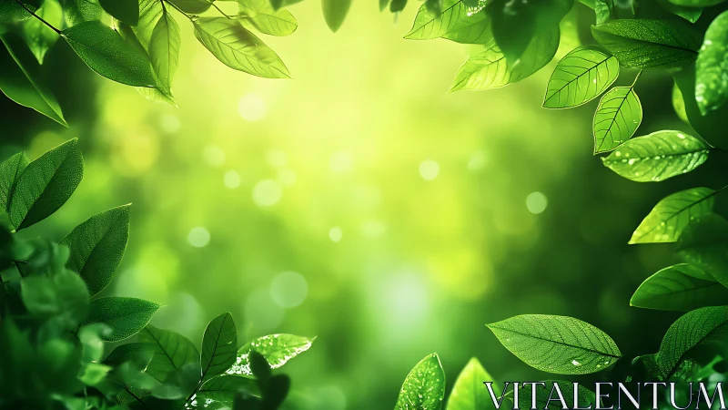 Sunlit green leaves framing bright blurred forest background.