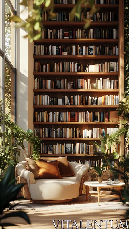 Sunlit reading nook nestles beneath towering book wall.