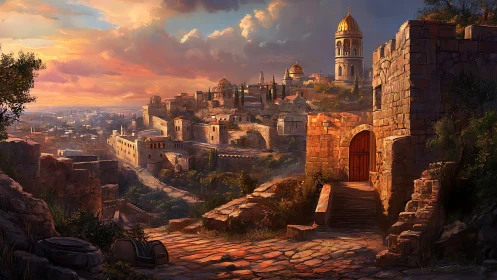 Golden domes glow above a sunlit hilltop stone city