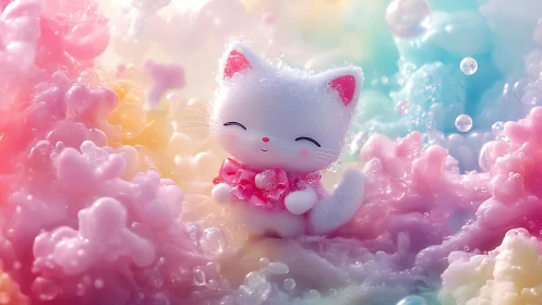 White Feline Character Nestled Within Iridescent Cloud Formations