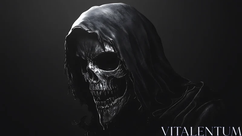 Shrouded skeletal reaper rendered in dramatic 3D chiaroscuro.