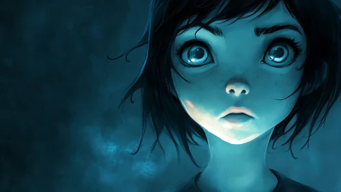 Wide-eyed blue glow kid gazing into the unknown night.