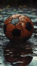 Weathered muddy football resting in reflective rain puddle.