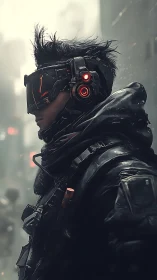 Cybernetic recon operative in neon HUD visor, snow haze
