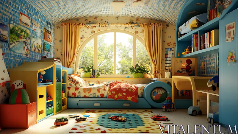 Children’s bedroom interior shows organized toys and storage