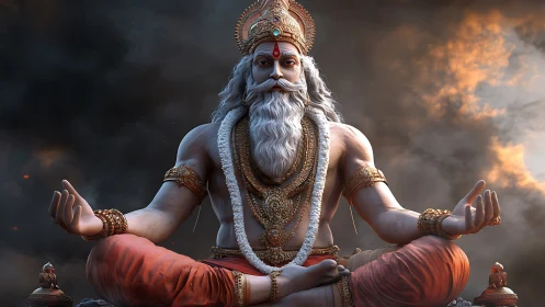 Meditating Hindu deity with ornate crown in dramatic clouds.