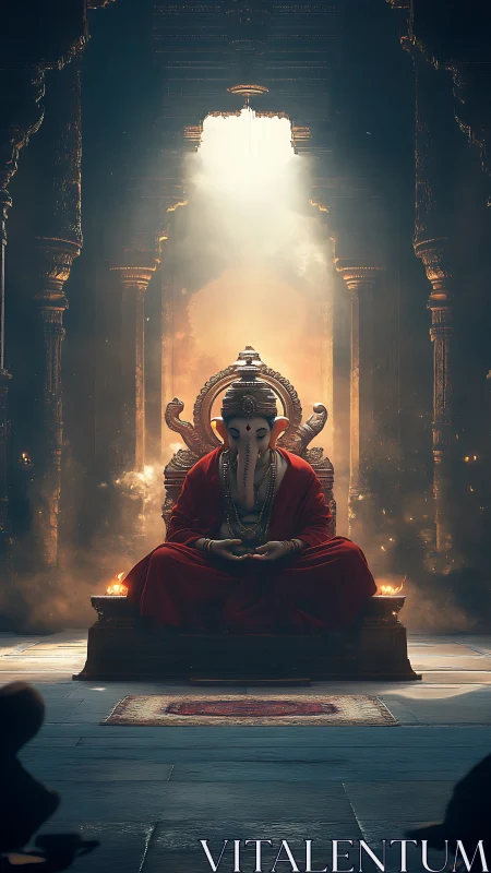 Divine Ganesha idol on ornate throne under volumetric temple light